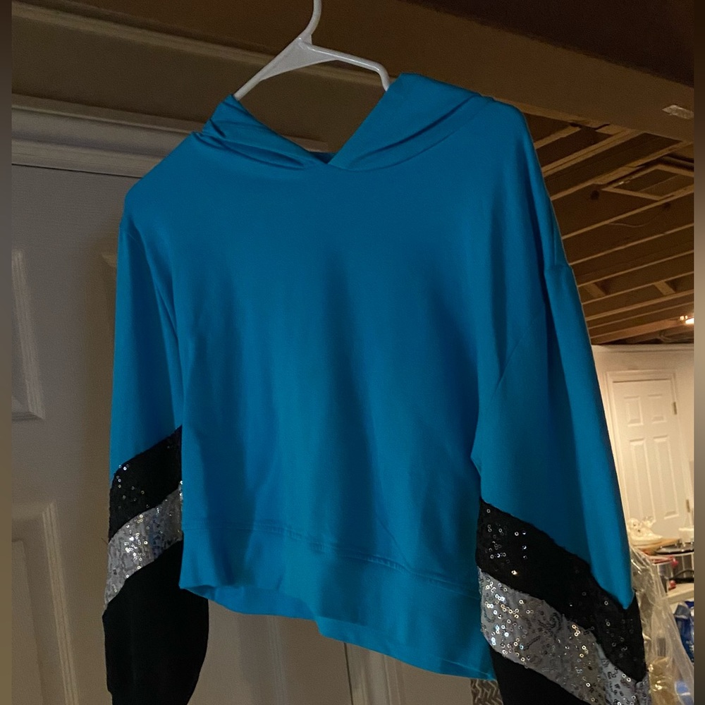 Cropped Blue Hoodie with Sequence Sleeves Dance Costume